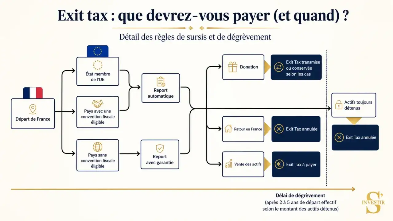 Schéma expliquant l'exit tax en France : départ, pays de destination (UE, convention fiscale), report automatique ou avec garantie, donation, retour en France, vente d'actifs, et dégrèvement.