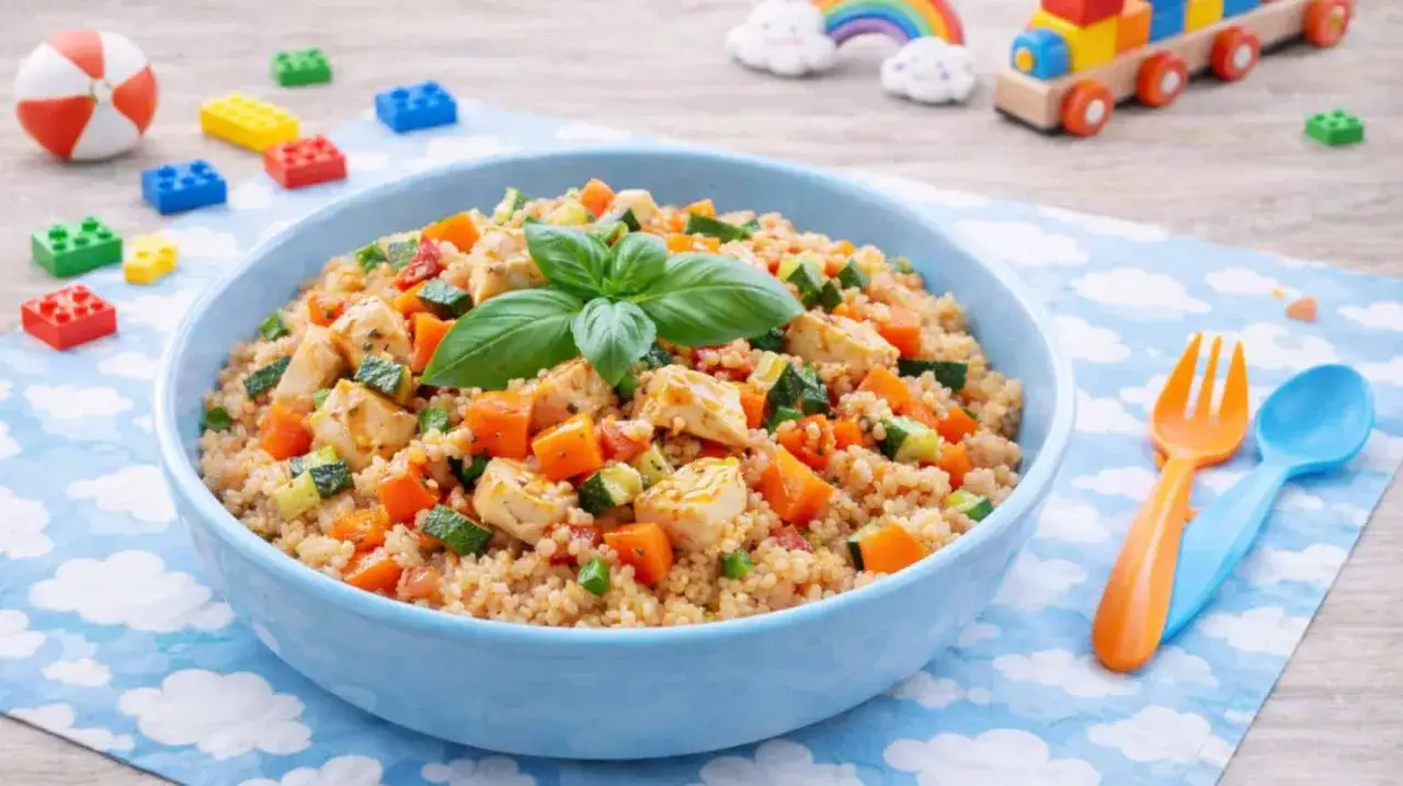 Un piatto colorato di cous cous con pollo e verdure, perfetto per le ricette con il cous cous per bambini.