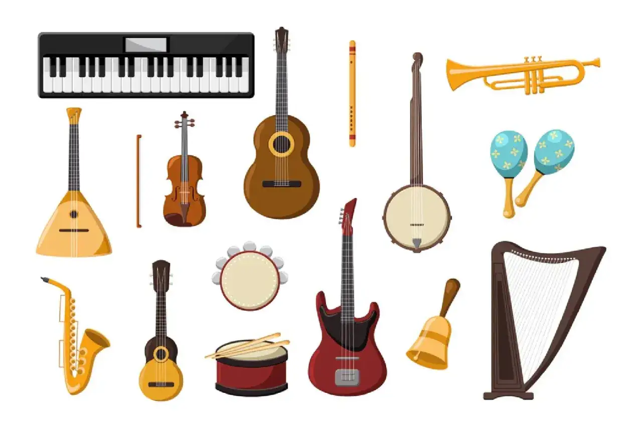 Instrumenty muzyczne: pianino, gitara, skrzypce, saksofon, bęben, trąbka, harfa, banjo, flet, dzwonek, marakasy. Co to znaczy akustyczny? To dźwięk bez wzmocnienia.