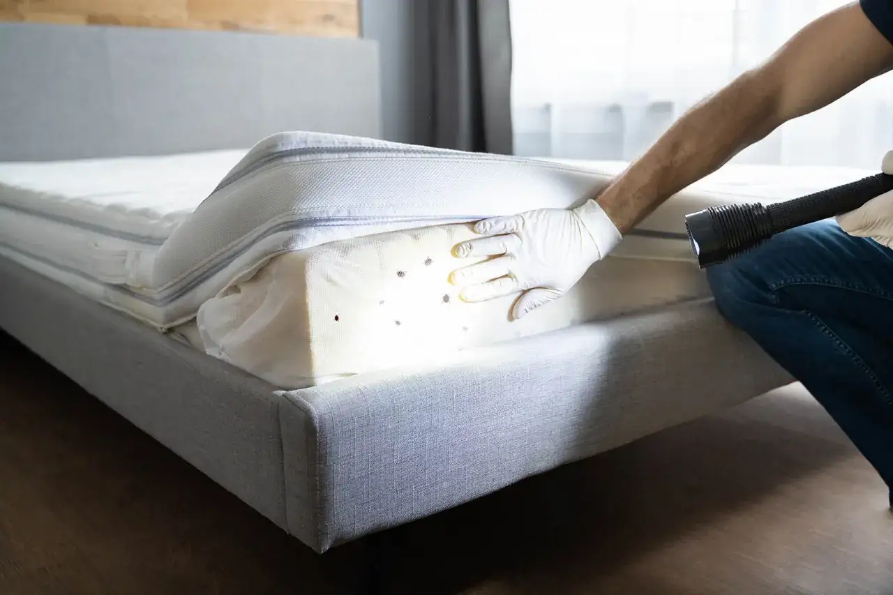 Main gantée inspecte un matelas avec une lampe torche, révélant des punaises de lit. Une vraie arnaque punaise de lit à éviter !