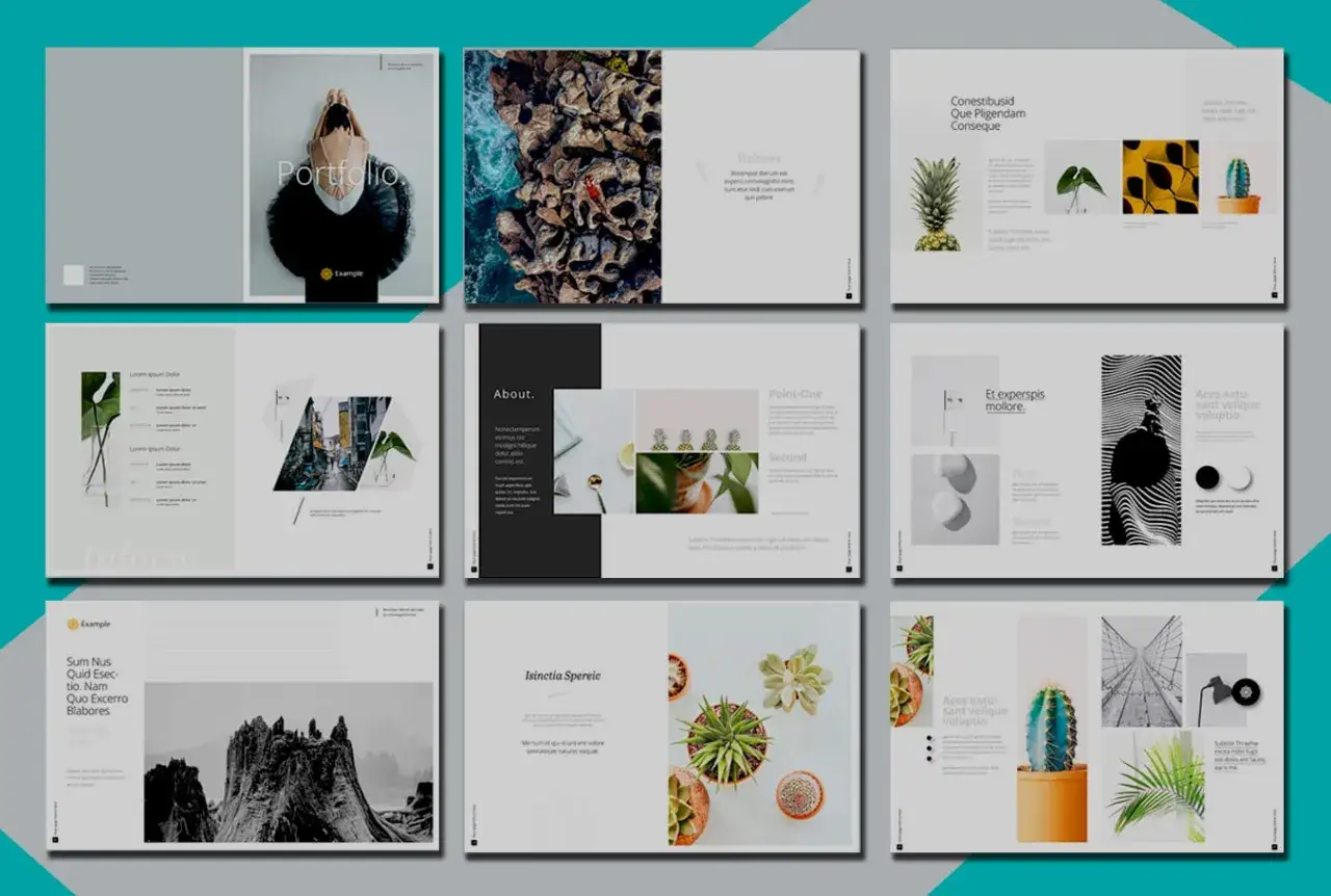 Szablony prezentacji pokazują, jak zrobić portfolio fotograficzne. Zawierają przykłady stron z tekstem, zdjęciami i grafikami.