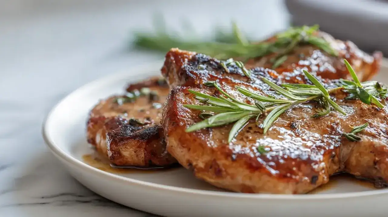 C&ocirc;tes de porc grill&eacute;es, parfum&eacute;es &agrave; la marinade et garnies de romarin frais, sur une assiette blanche.