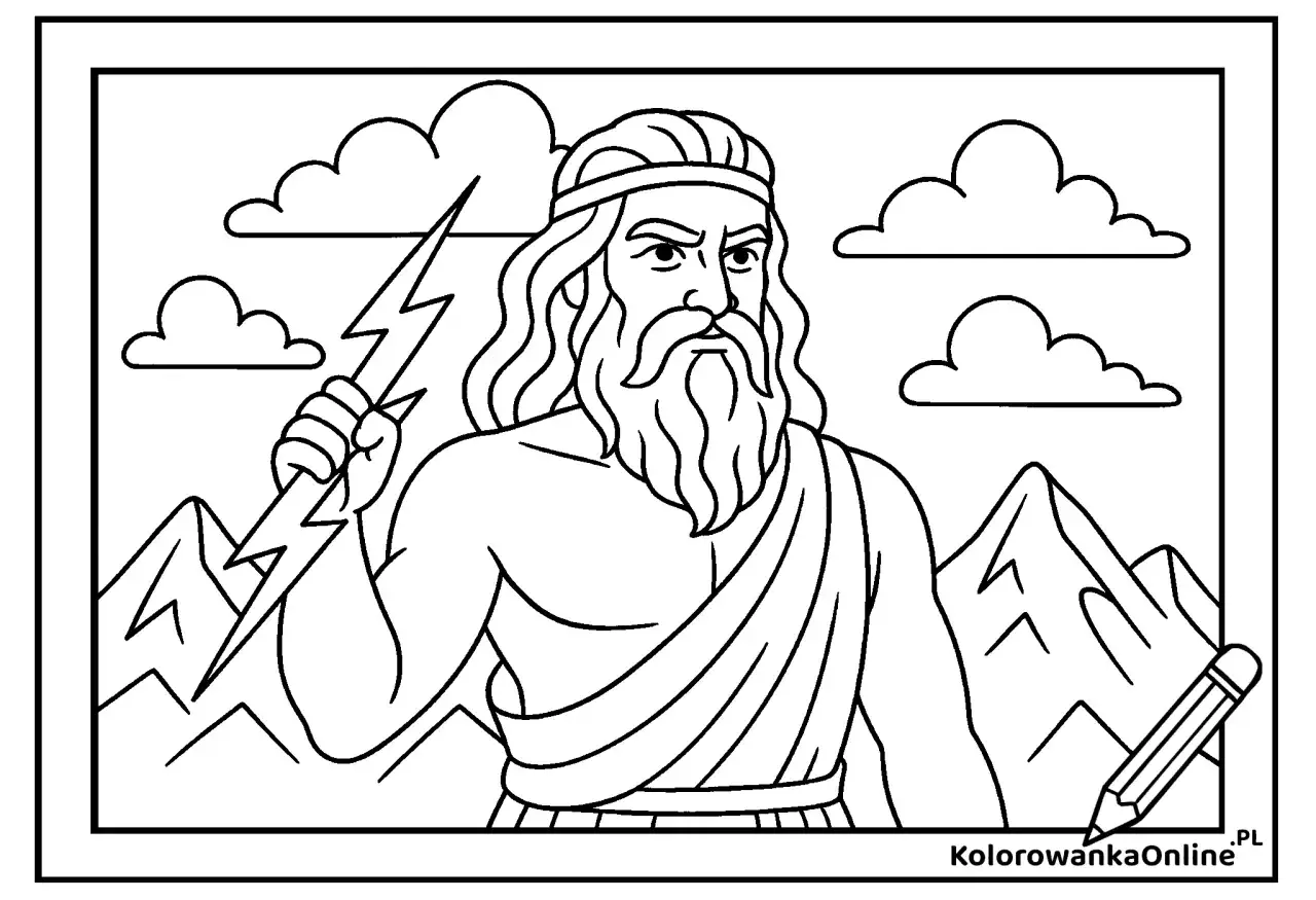 Kolorowanka zygzak: Zeus z piorunem w ręku, na tle g&oacute;r i chmur. Gotowy do pokolorowania!