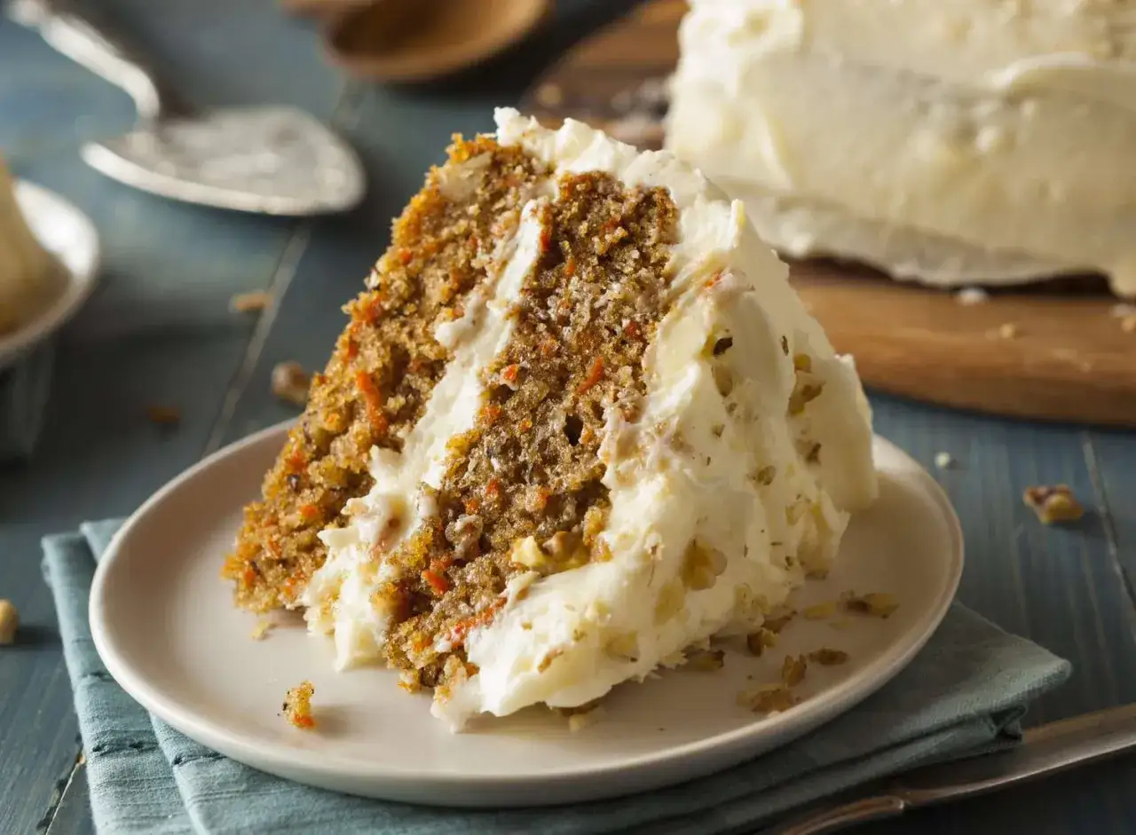 Rebanada de tarta de zanahoria y nueces con glaseado cremoso, lista para disfrutar.