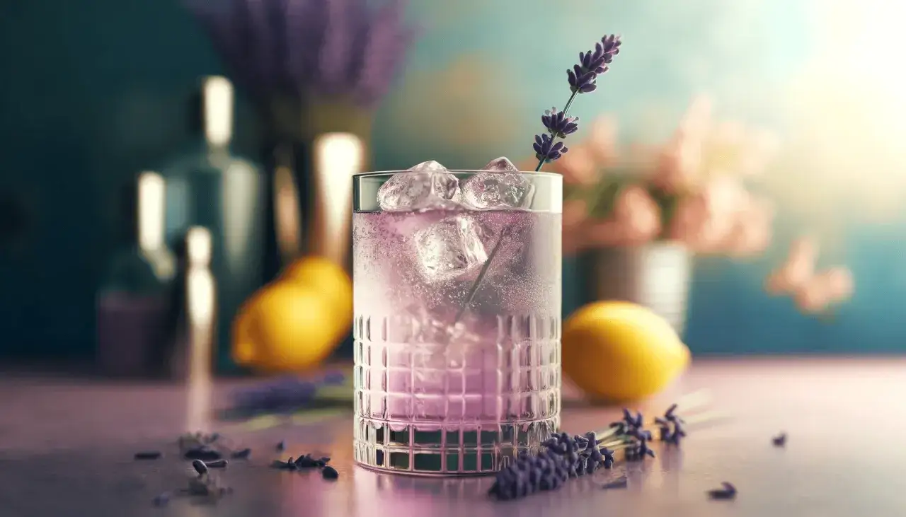 Jak zrobić syrop lawendowy do letnich lemoniad i drinków. Szklanka z lodem i lawendą, cytryny i butelki w tle.