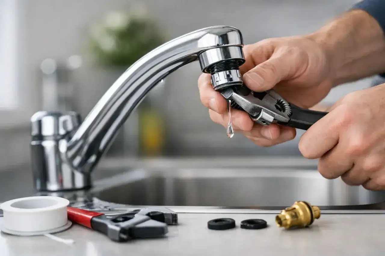 Manos desmontando grifo monomando sin tornillo con llave inglesa. Una gota de agua cae del grifo.