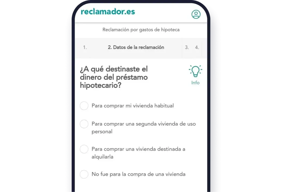Formulario para reclamar gastos hipoteca BBVA. Pregunta sobre el destino del dinero del pr&eacute;stamo hipotecario.