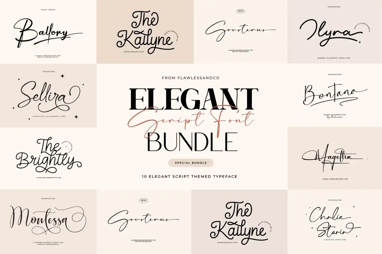 Elegant script fonts with flowing tails, like 