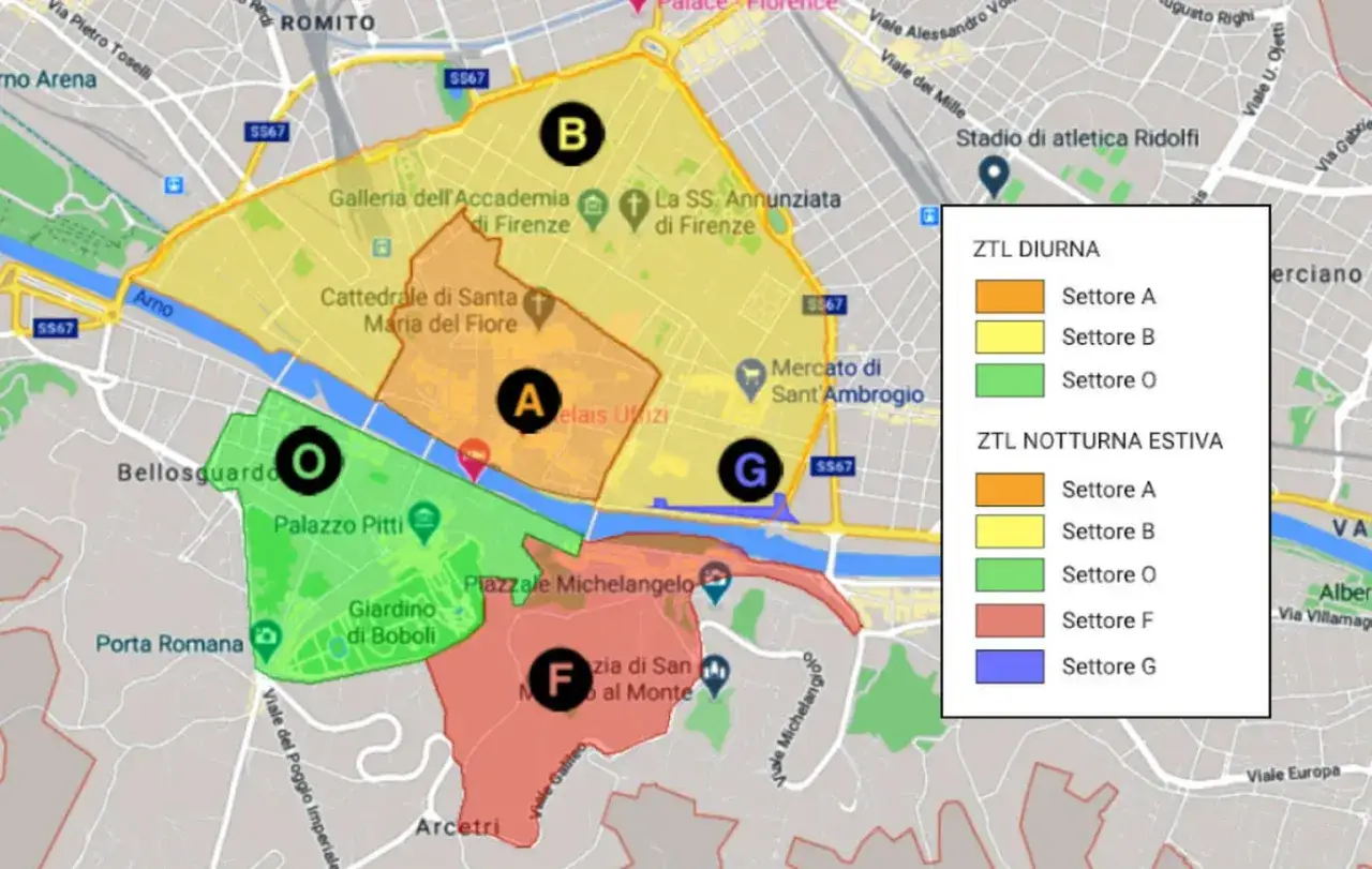 ZTL-Karte von Florenz mit Sektoren A, B, O, F, G. Wichtige Reisetipps Italien f&uuml;r Autofahrer: Beachten Sie die Zonen mit eingeschr&auml;nktem Verkehr (ZTL) f&uuml;r Tag und Nacht.
