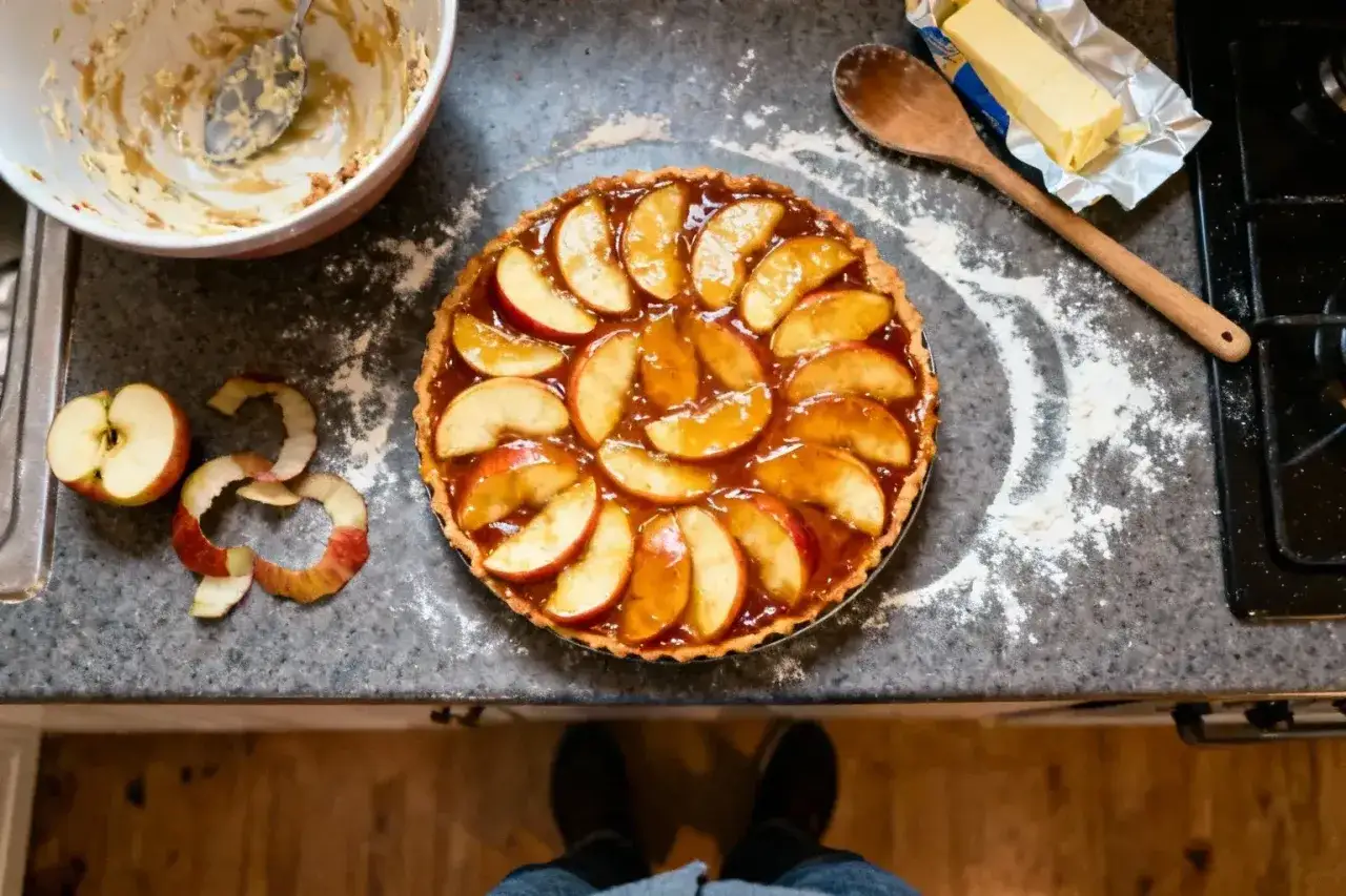 Une tarte tatin inratable, prête à être dégustée. Des pommes caramélisées sur une pâte dorée, un délice.