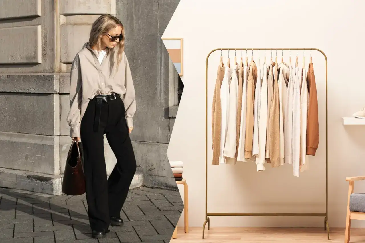 Estilo minimalista significado: mujer con atuendo elegante y perchero con ropa en tonos neutros.