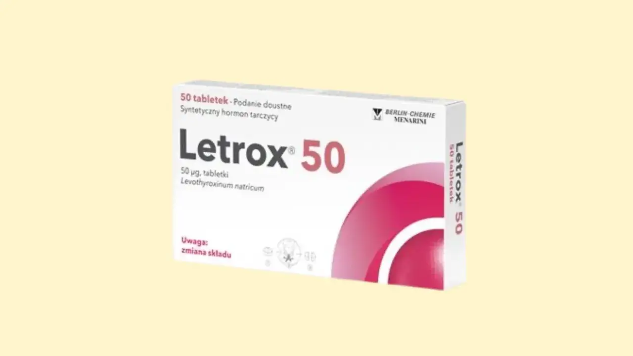Opakowanie leku Letrox 50, zawierające 50 tabletek z lewotyroksyną sodową, stosowane w terapii hormonalnej tarczycy.