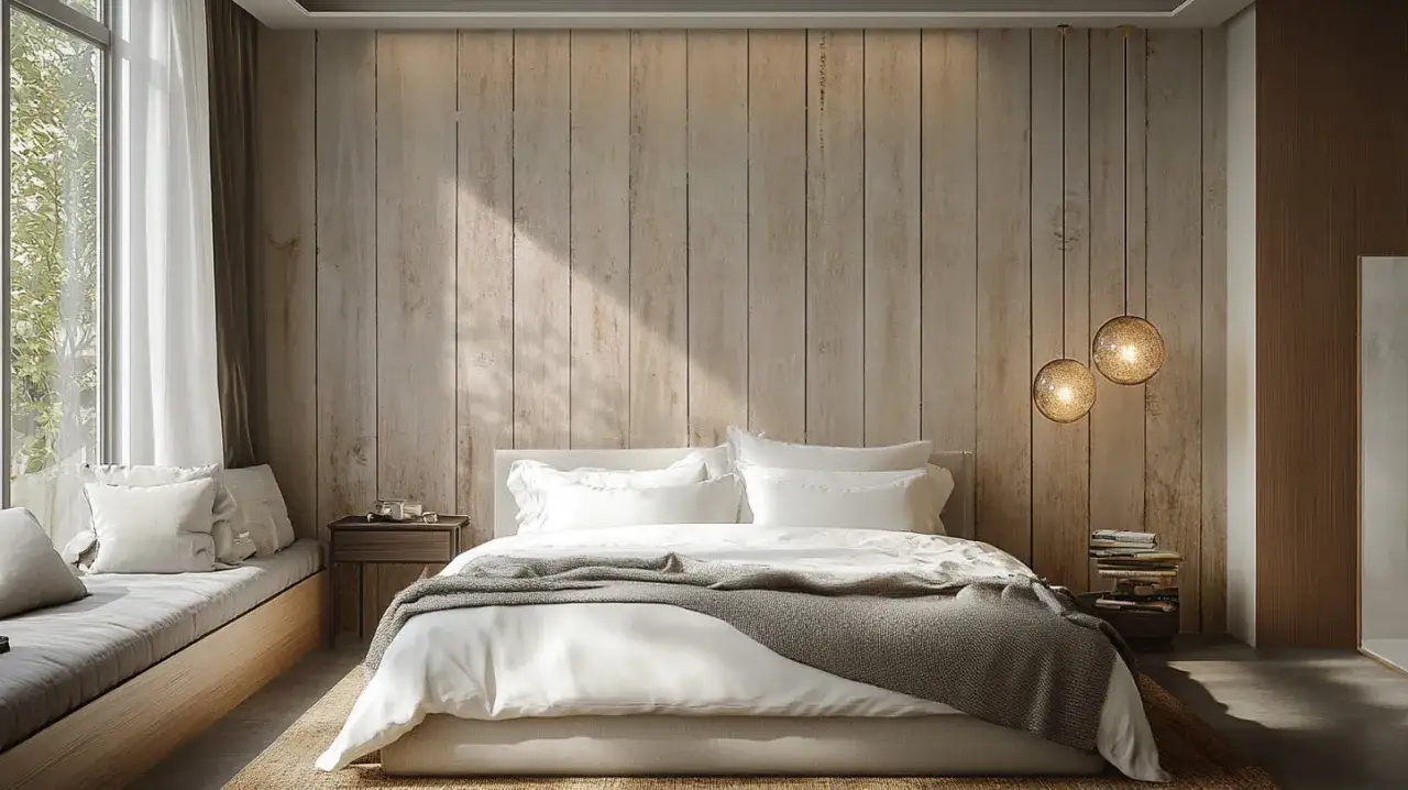 Schöne Ideen für die Wand hinterm Bett: Vertäfelung aus hellem Holz, gemütliche Beleuchtung und ein bequemes Tagesbett am Fenster.