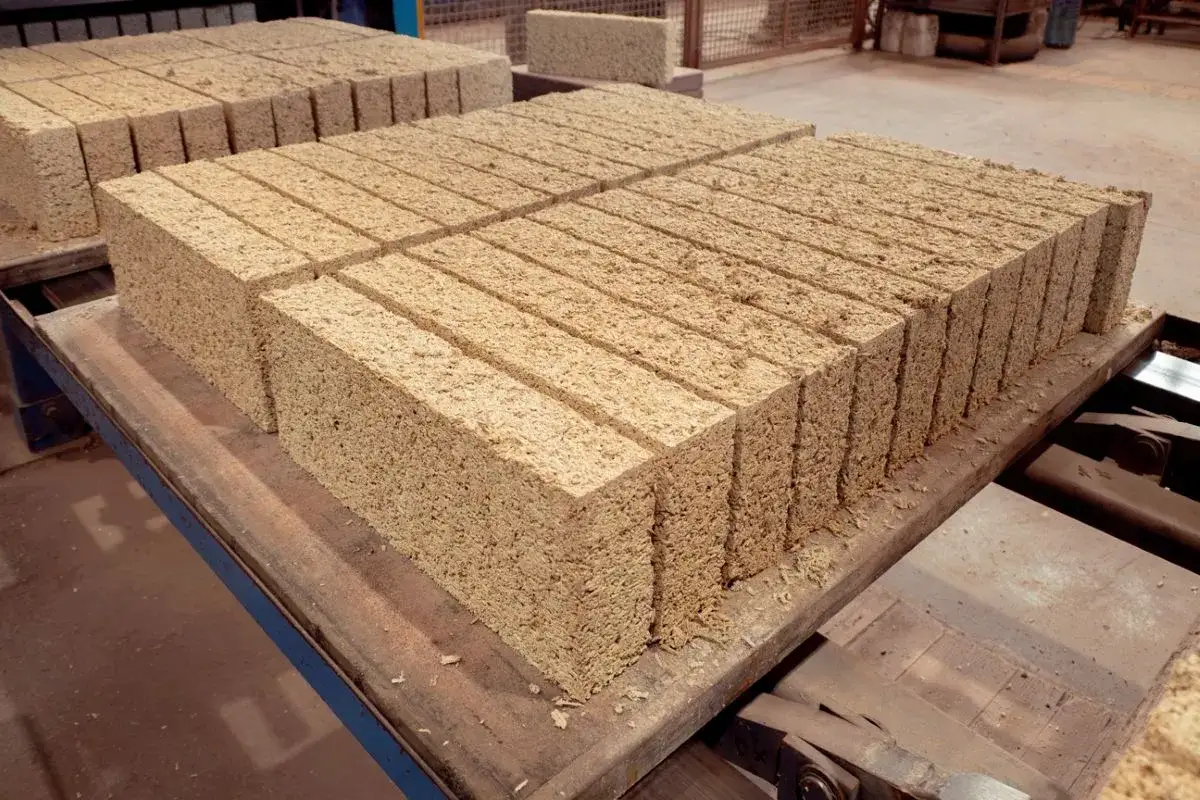 Blocchi di materiali ecosostenibili, composti da fibre naturali, pronti per la costruzione.