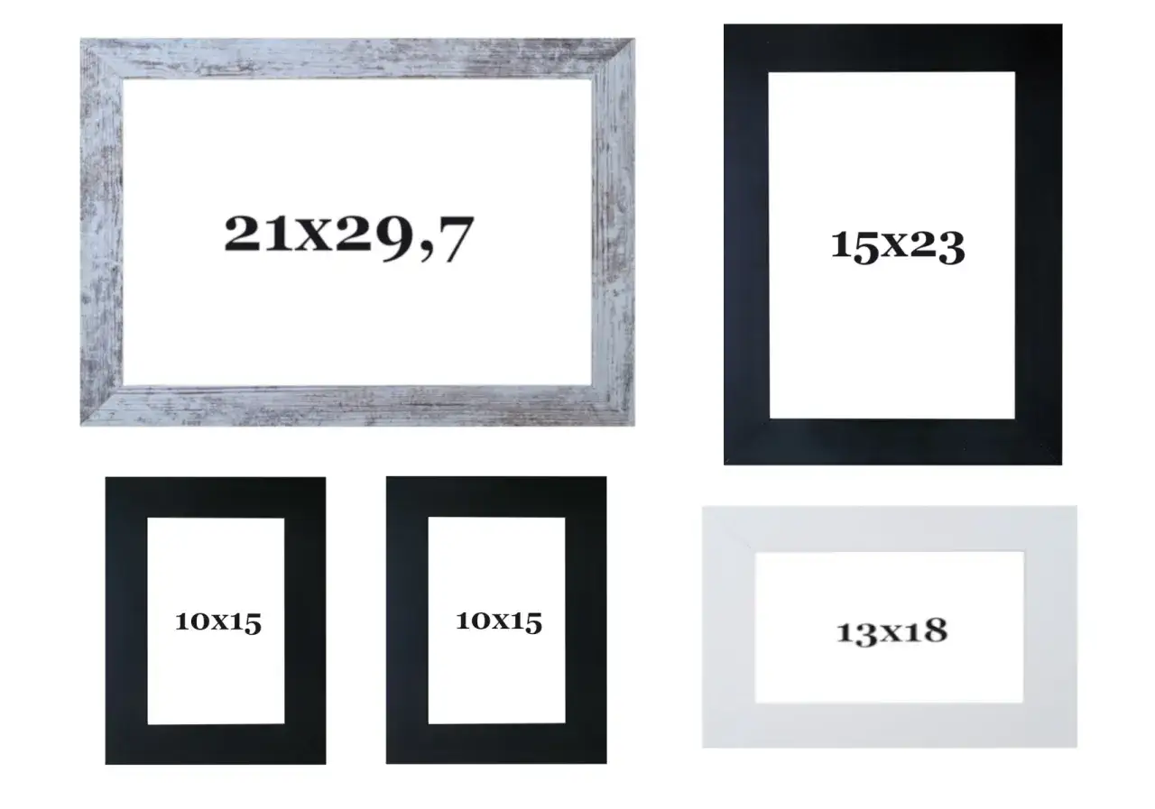 Ramki na zdjęcia: 21x29,7 (postarzana), 15x23 (czarna), dwie 10x15 (czarne) i 13x18 (biała).