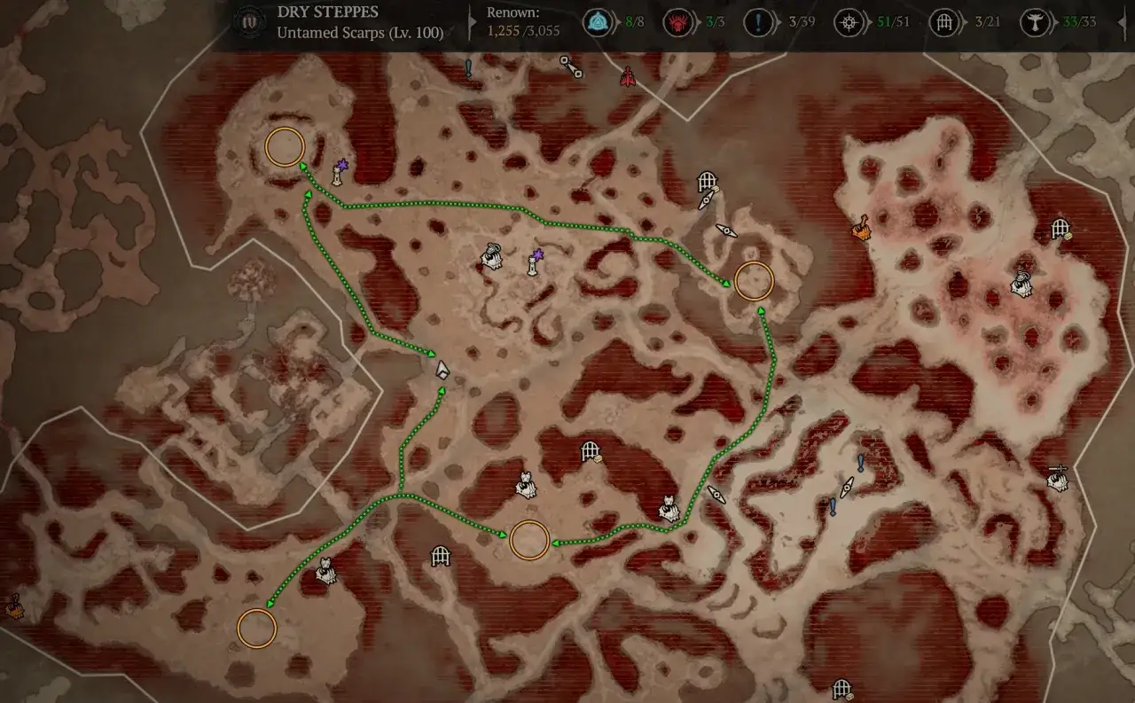 Karte von Diablo 4: Helltide-Route durch die Dry Steppes. Grüne Linie markiert den Weg zu Zielen.