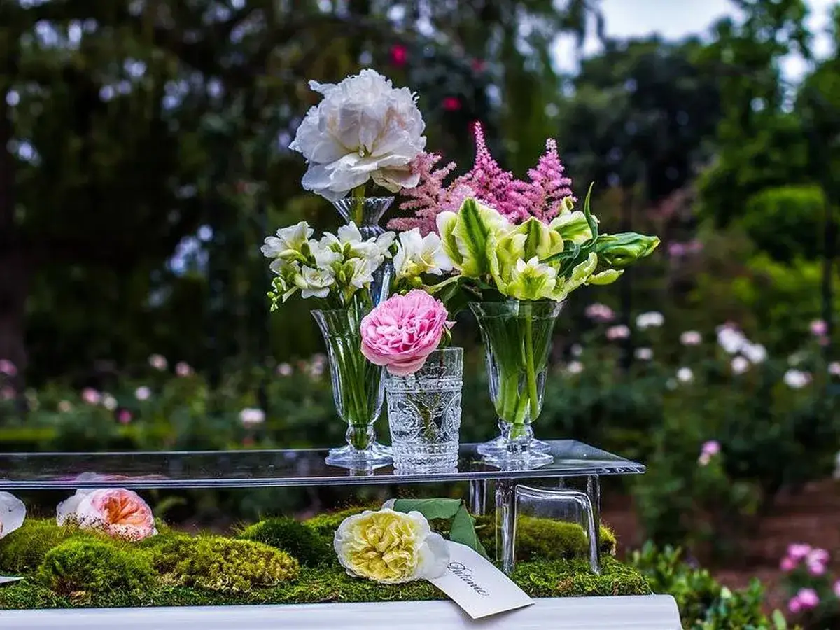 Arreglo floral con peonías, astilbe y tulipanes verdes en jarrones de cristal grandes. Flores frescas sobre musgo y un cartel con la palabra