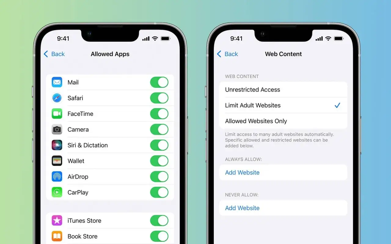Ustawienia Family Link na iPhone: lista dozwolonych aplikacji i opcje filtrowania treści internetowych.