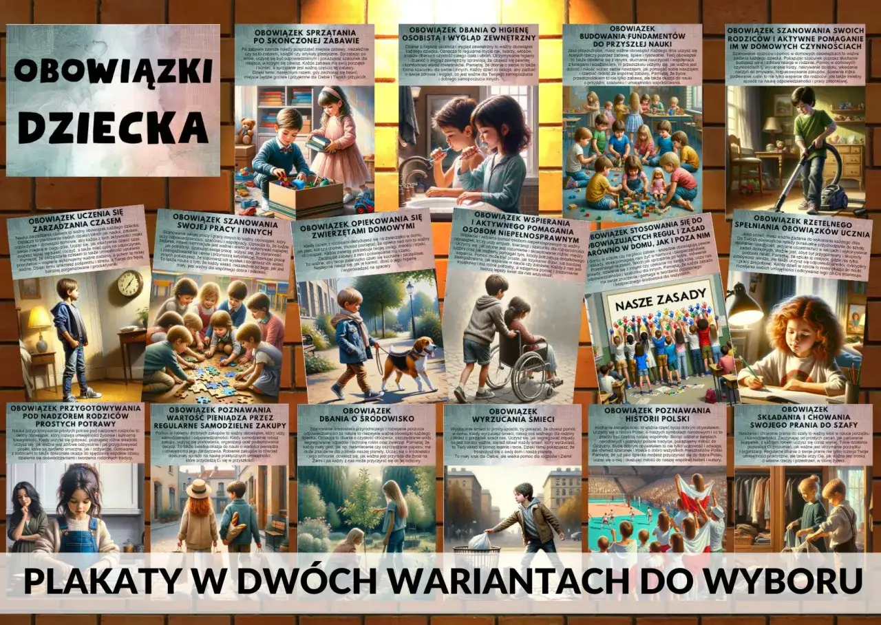 Dzieci uczą się obowiązków w domu: sprzątania, higieny, pomocy rodzicom, dbania o zwierzęta i środowisko.