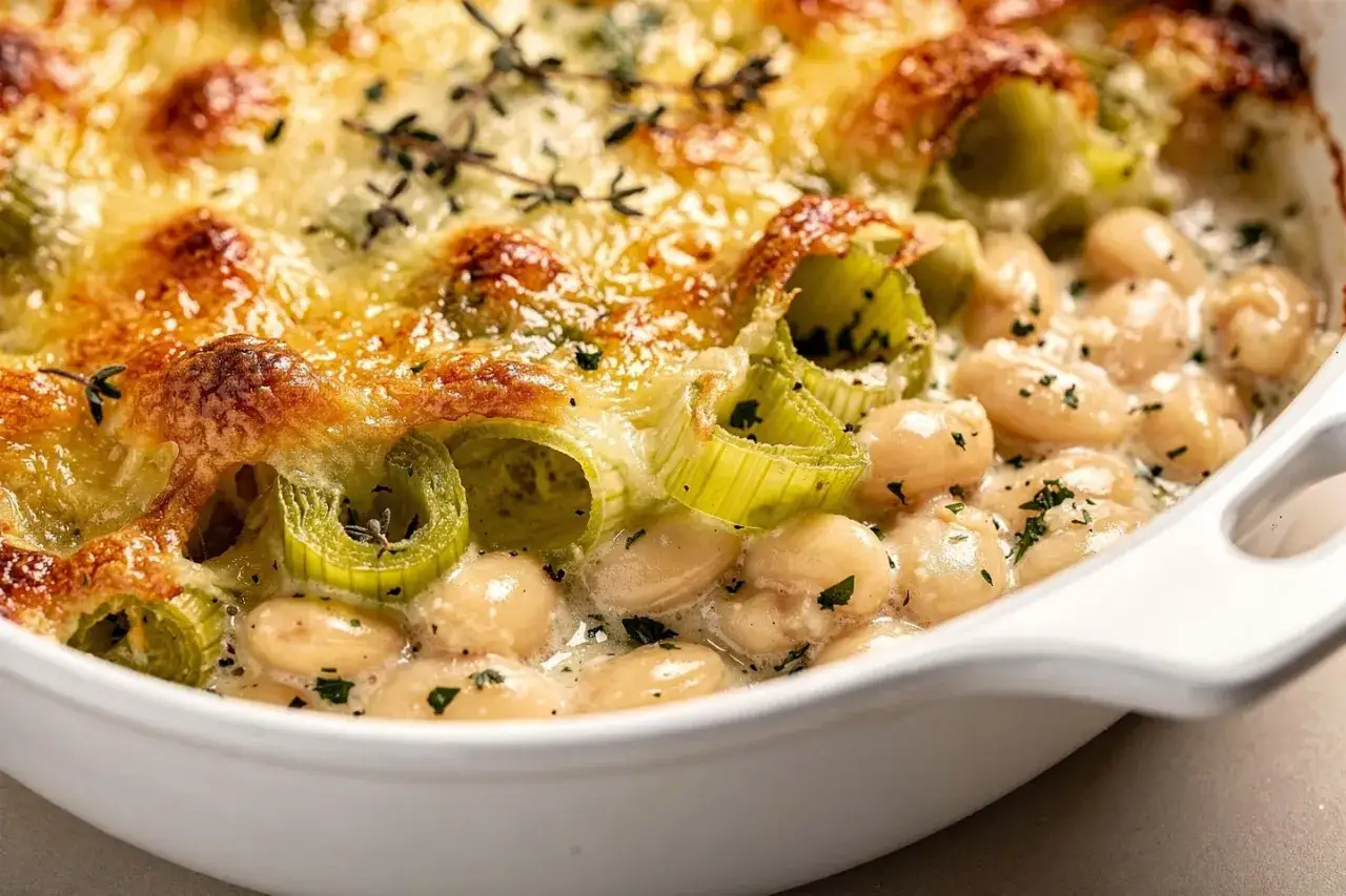Un gratin de poireaux et haricots blancs, dor&eacute; au four, garni de thym frais. Un plat r&eacute;confortant et savoureux.