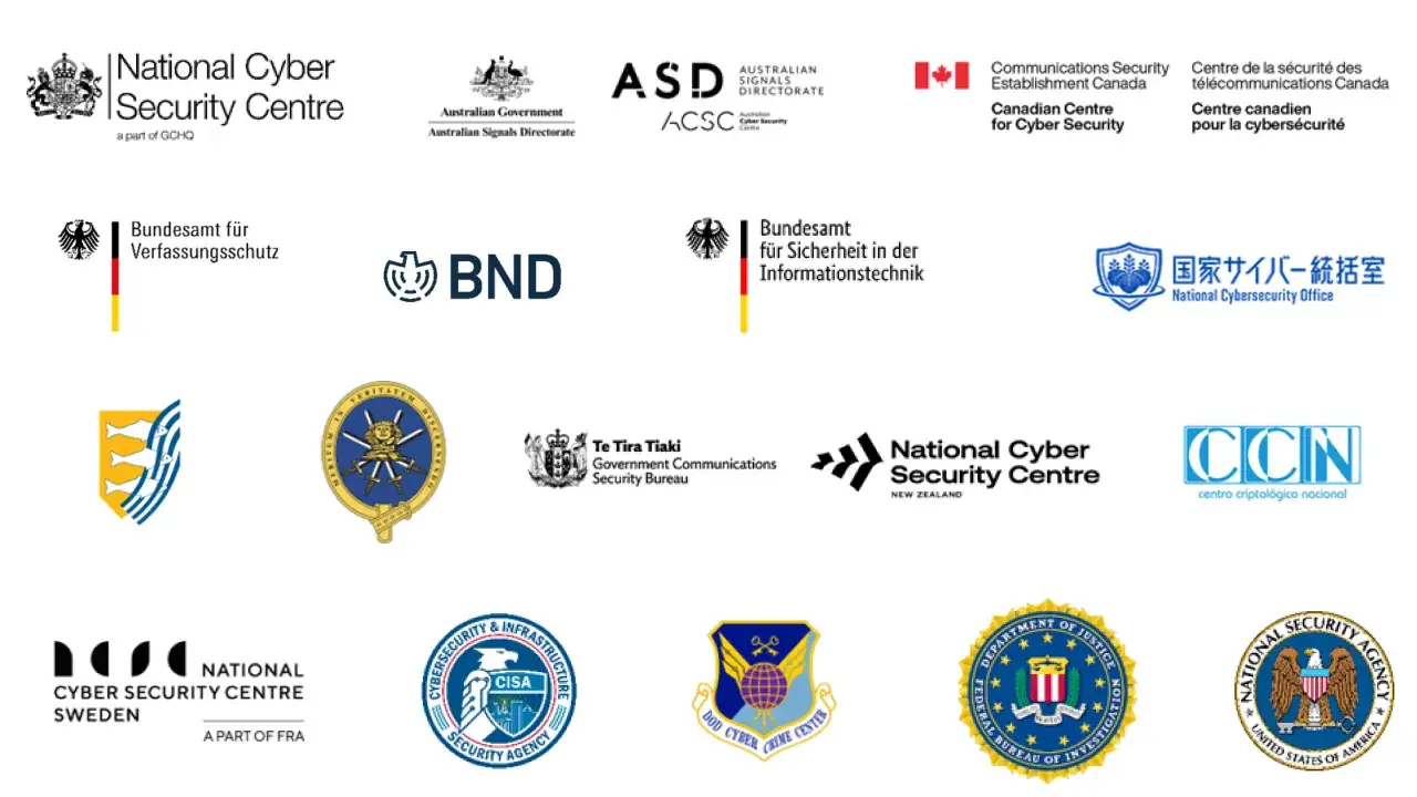 Logos of national cybersecurity agencies, including the UK's NCSC and the US's NSA, highlighting global efforts against China cyber espionage.