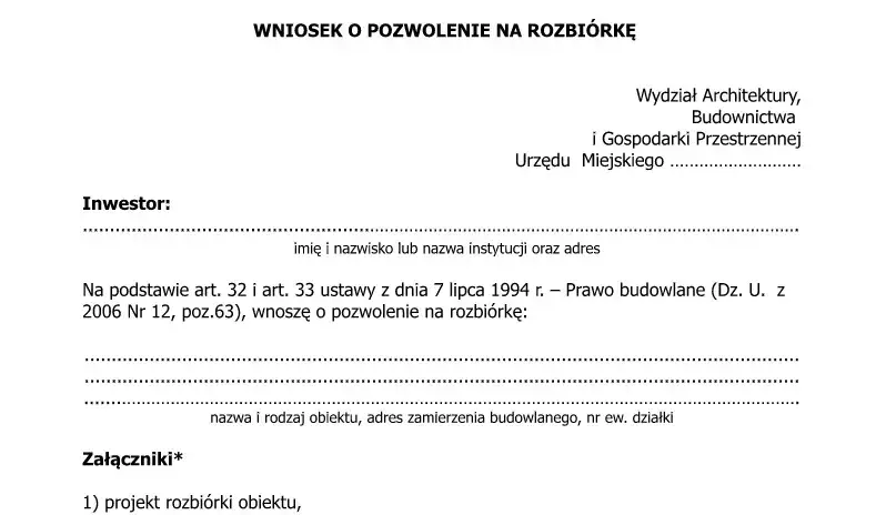 zgłoszenie rozbi&oacute;rki budynku gospodarczego dokumenty