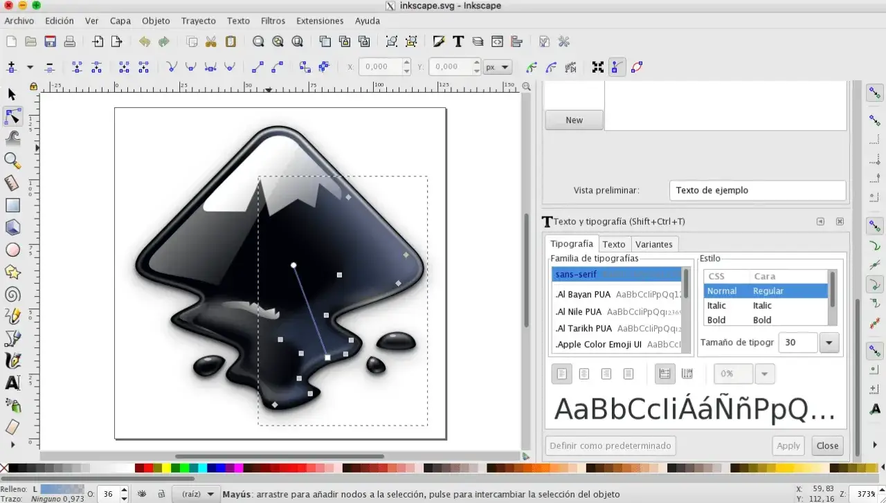 Programy graficzne Inkscape, edycja wektorowa. Widok na interfejs z ikoną, narzędziami i panelem tekstu.
