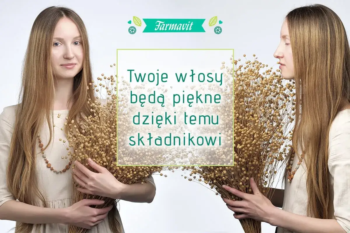 Dwie kobiety z długimi włosami trzymają snopki lnu. Tekst głosi: