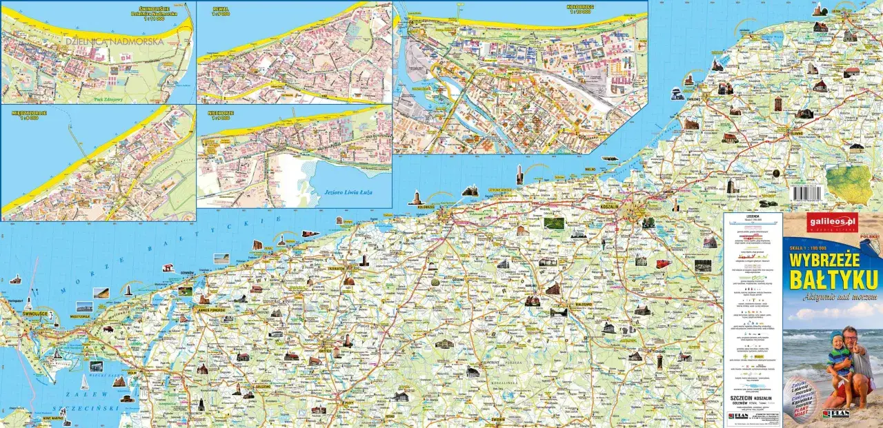 Mapa turystyczna prezentująca polskie miejscowości nad morzem bałtyckim, od Świnoujścia po Łebę, z zaznaczonymi atrakcjami.