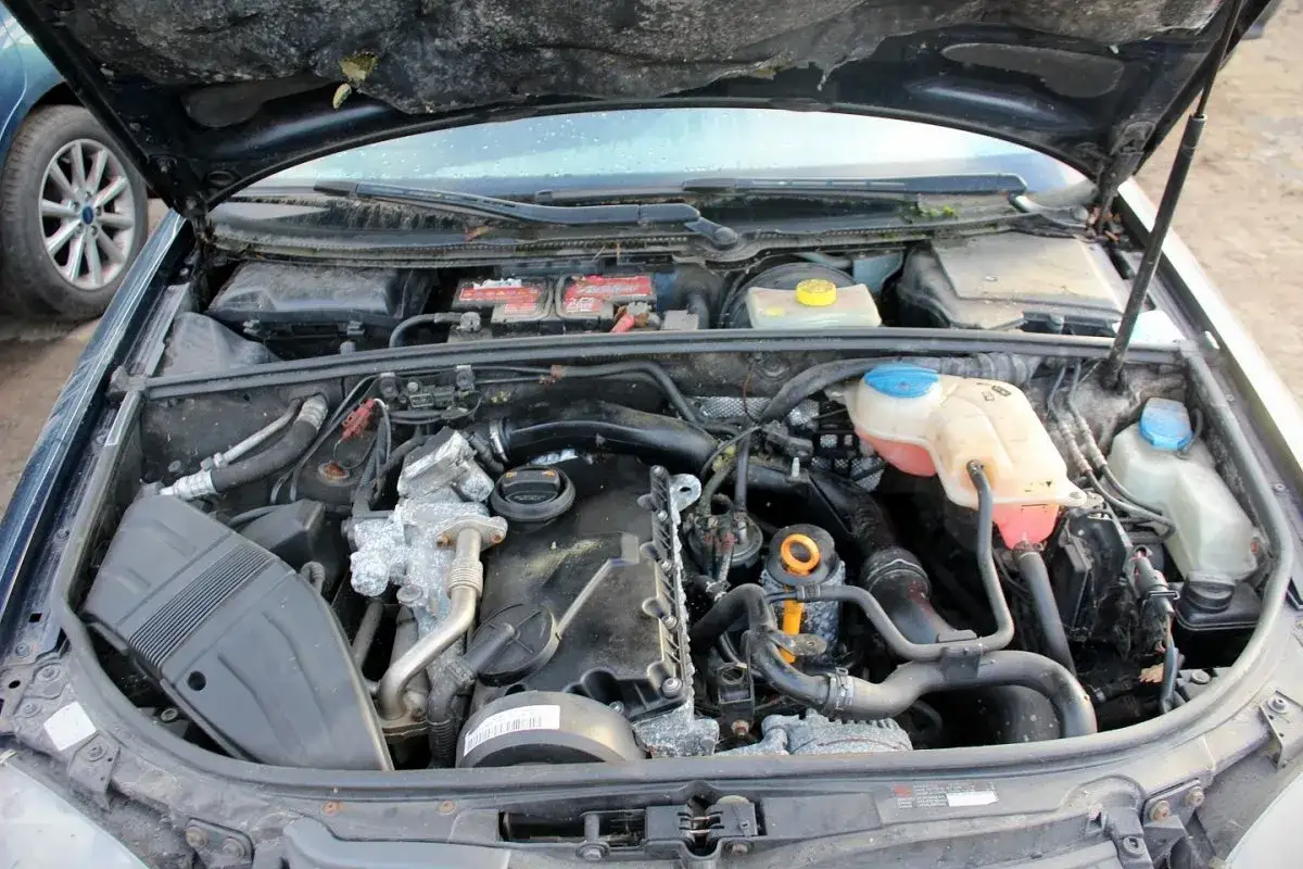 Silnik 2.0 TDI z widocznymi przewodami, zbiornikami płynów i elementami osprzętu.