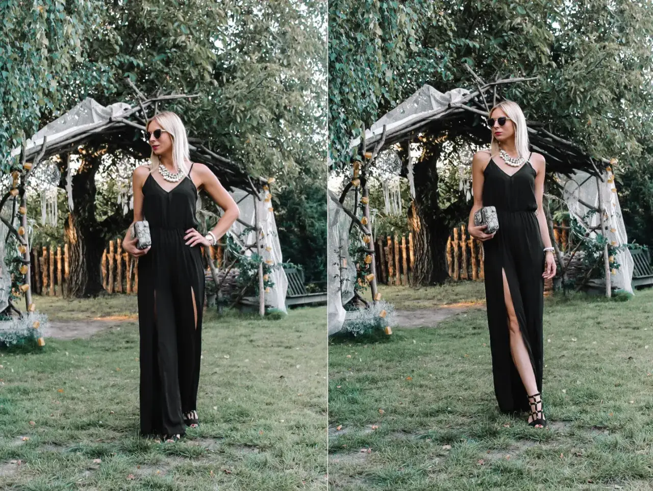 Elegancka czarna długa sukienka z rozcięciami, idealna na garden party. Jak się ubrać? Postaw na efektowną biżuterię i stylową kopertówkę.