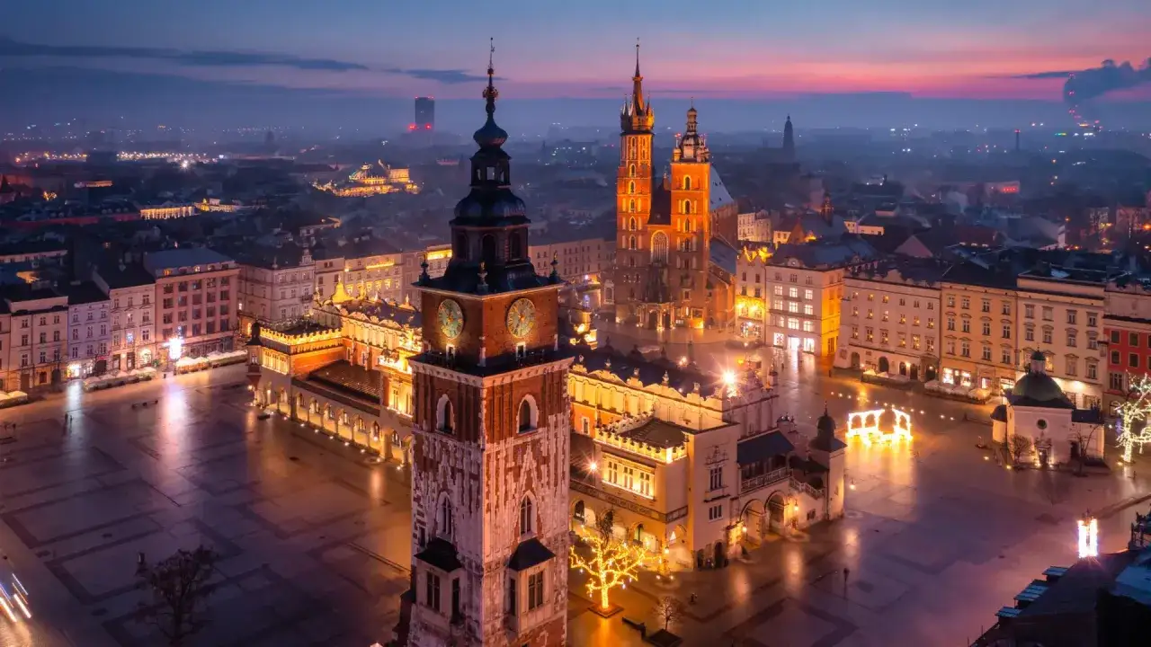 Kraków nocą, Rynek Główny z Sukiennicami i Kościołem Mariackim. Idealne miejsce na polskie wakacje.