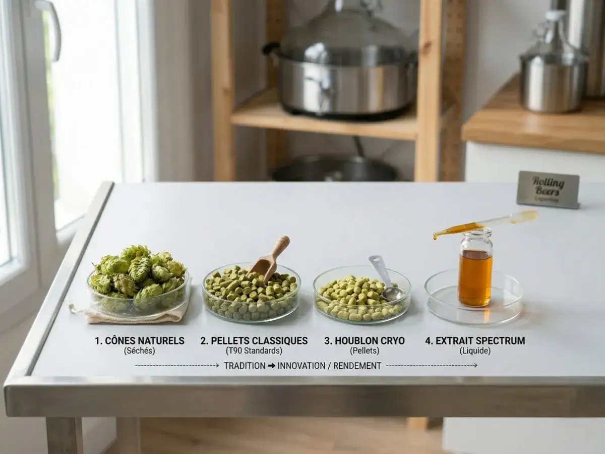 Quatre présentations du houblon sec : cônes, pellets classiques, cryo et extrait liquide. De la tradition à l'innovation.