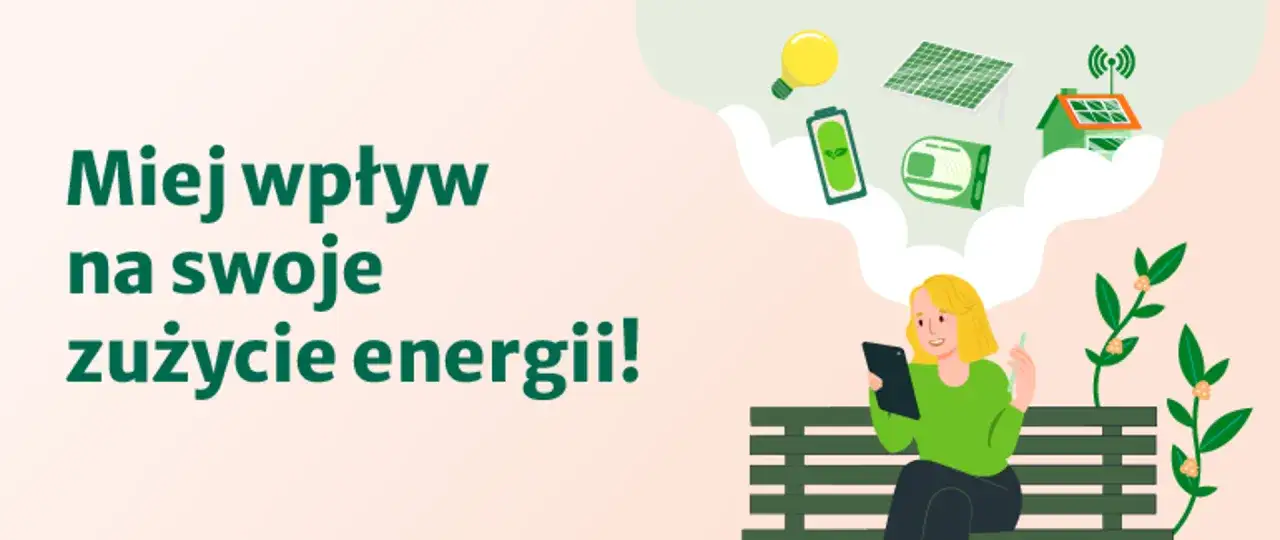 Kobieta z tabletem myśli o energii: żarówka, panele słoneczne, dom z panelami, bateria. To jej wzór na moc.