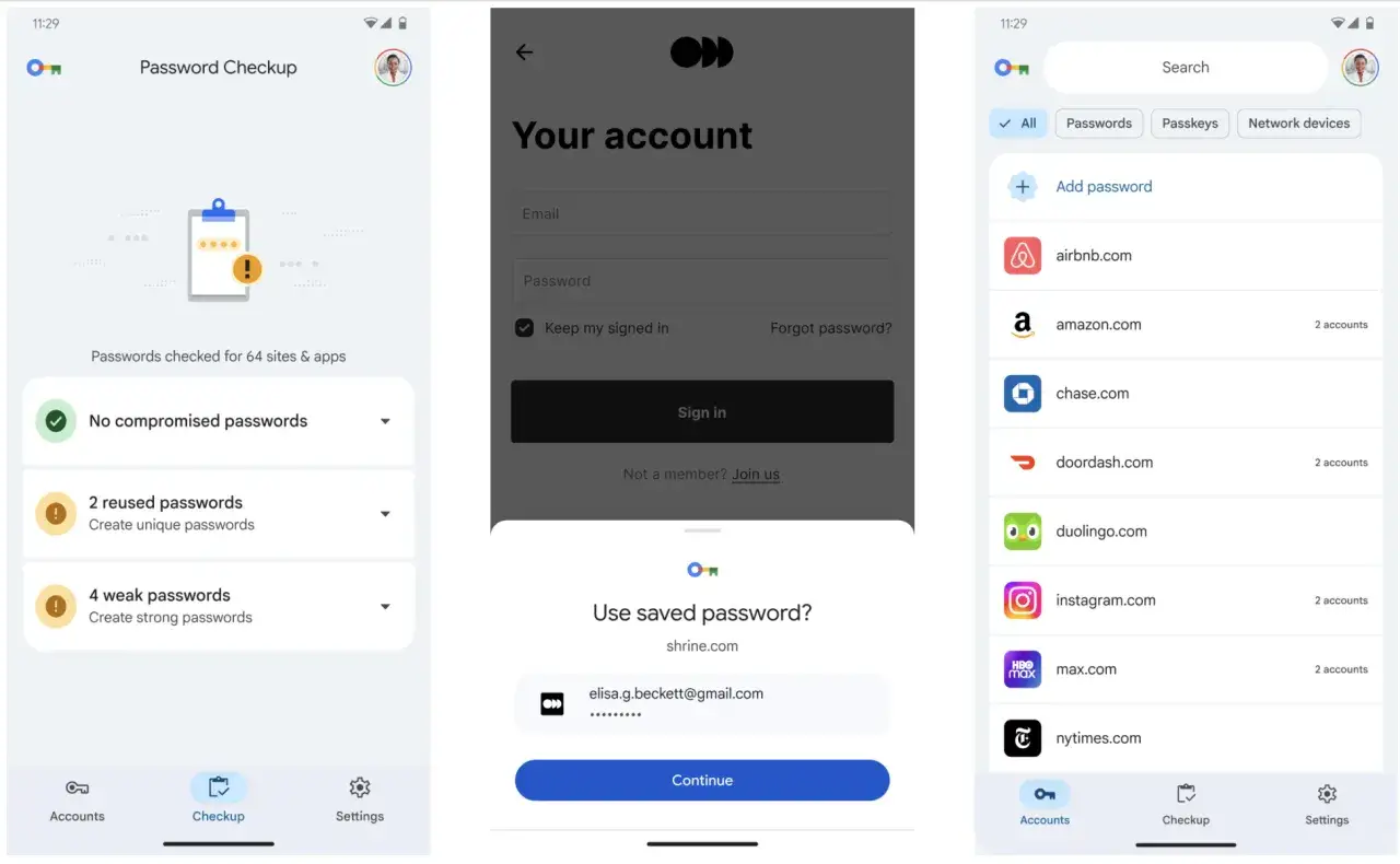 Menedżer haseł Google pokazuje brak skompromitowanych haseł, ale 2 użyte ponownie i 4 słabe.