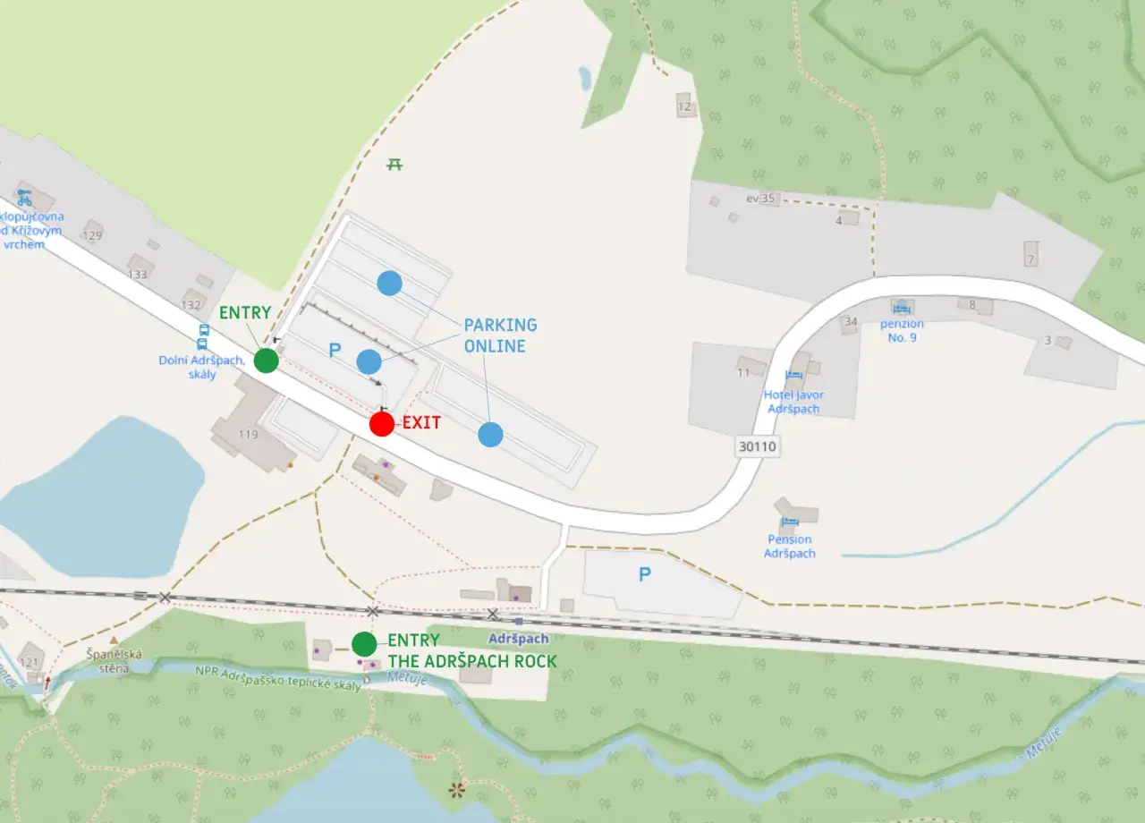 Mapa skalnego miasta Czechy. Wskazuje wejście, wyjście, parking online i hotele. Bilety do Adršpach Rock można kupić online.