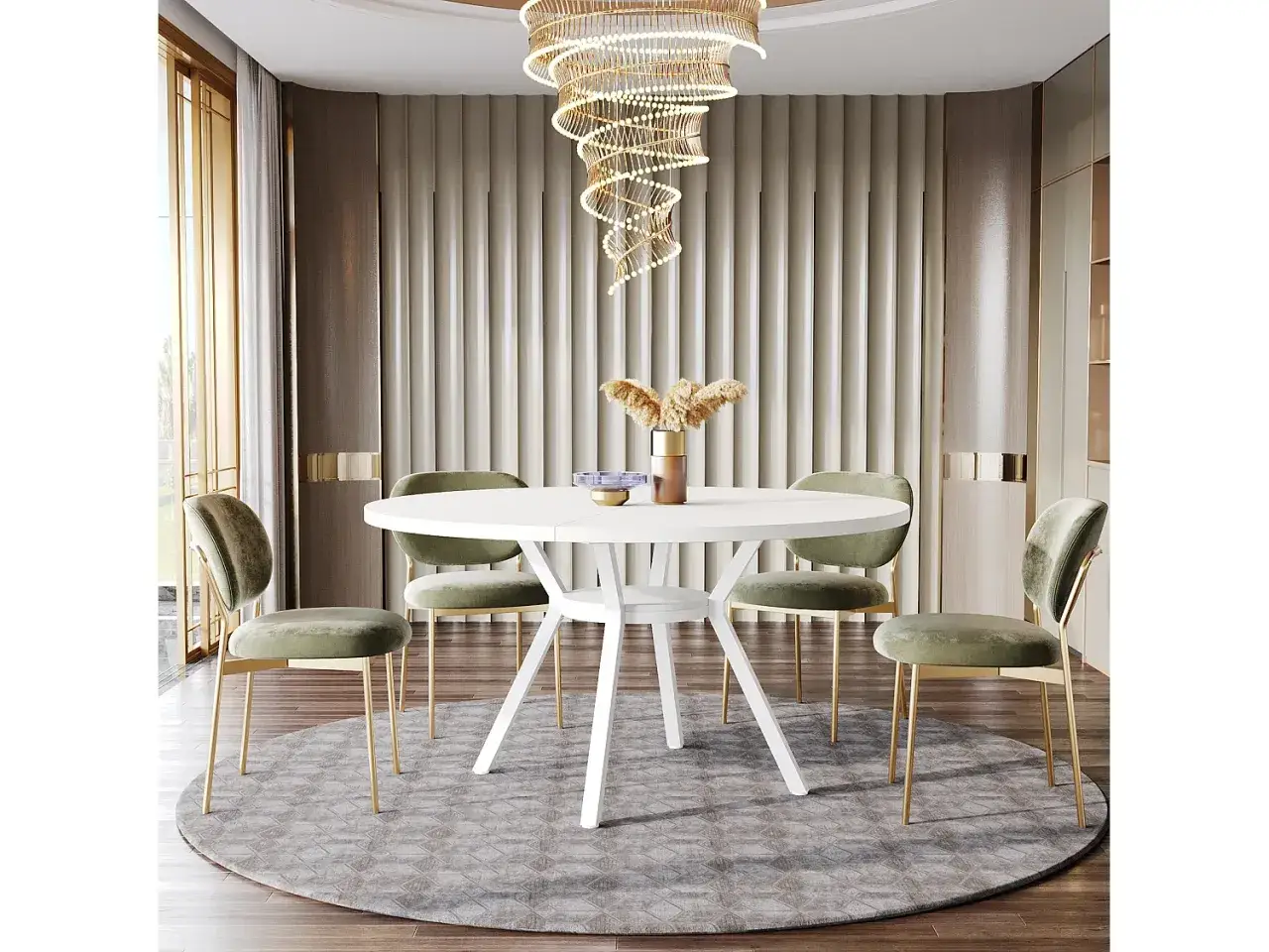 Elegant matplats med vitt runt matbord, sammetskl&auml;dda stolar i olivgr&ouml;nt och en spiralformad takkrona. Perfekt runt matbord inspiration f&ouml;r ett modernt hem.