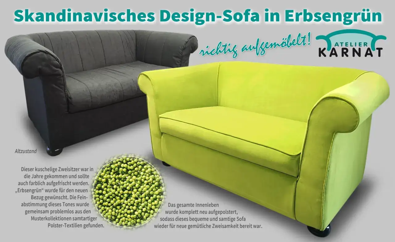 Vorher-Nachher-Vergleich: Dunkelgraues Sofa wird zu einem leuchtend erbsengrünen Design-Sofa, komplett neu aufgepolstert.