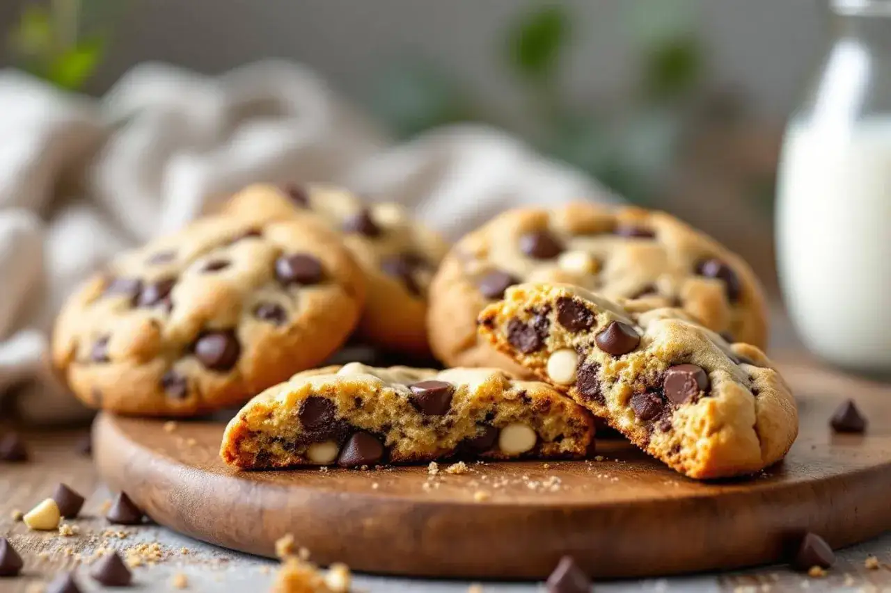 Gros plan sur des cookies chocolat au lait, certains entiers, d'autres coupés, révélant leur cœur fondant. Parfaits pour un goûter gourmand.
