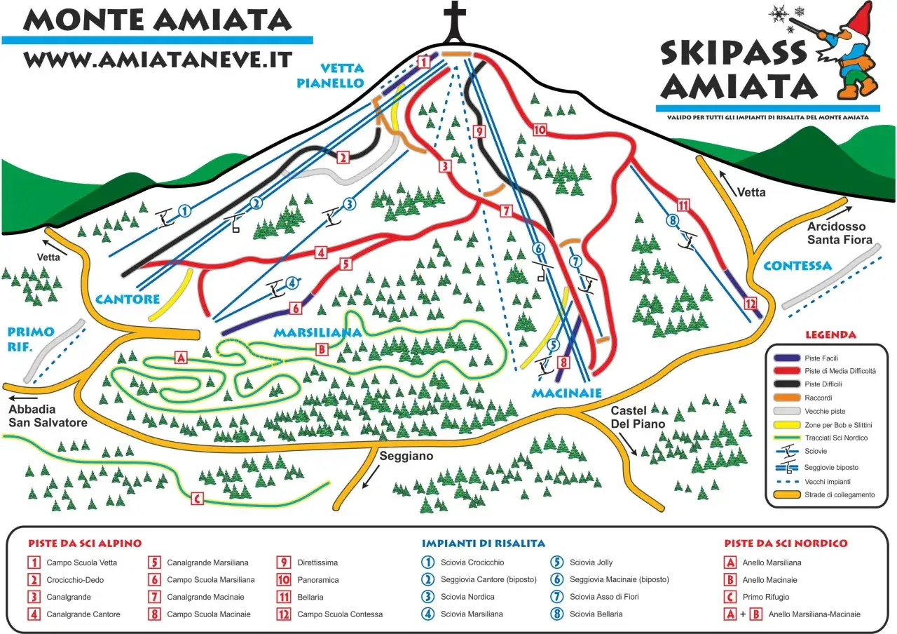 Mappa del comprensorio sciistico Monte Amiata con piste, impianti e percorsi sciistici.