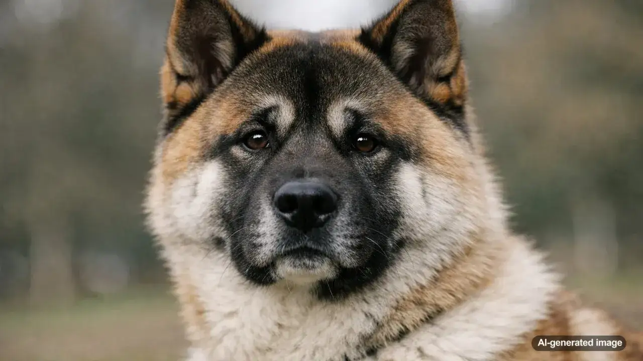 Portret psa rasy Akita Inu z charakterystyczną 