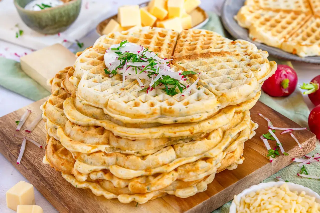 Ein Stapel herzhafte Waffeln, garniert mit Radieschen und Kräutern, daneben Butter und Käse.