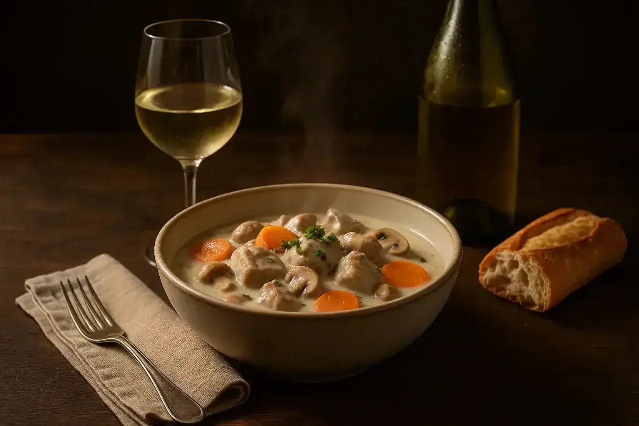 Un plat fumant de blanquette de veau, garni de carottes et champignons, accompagné d'un verre de vin blanc et d'une baguette.