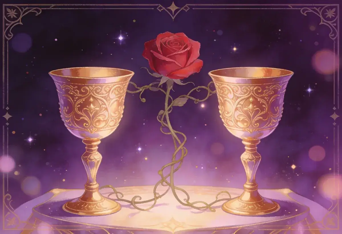 Dwa złote kielichy tarot, połączone pnączem z czerwoną różą, na tle gwieździstego, fioletowego nieba.