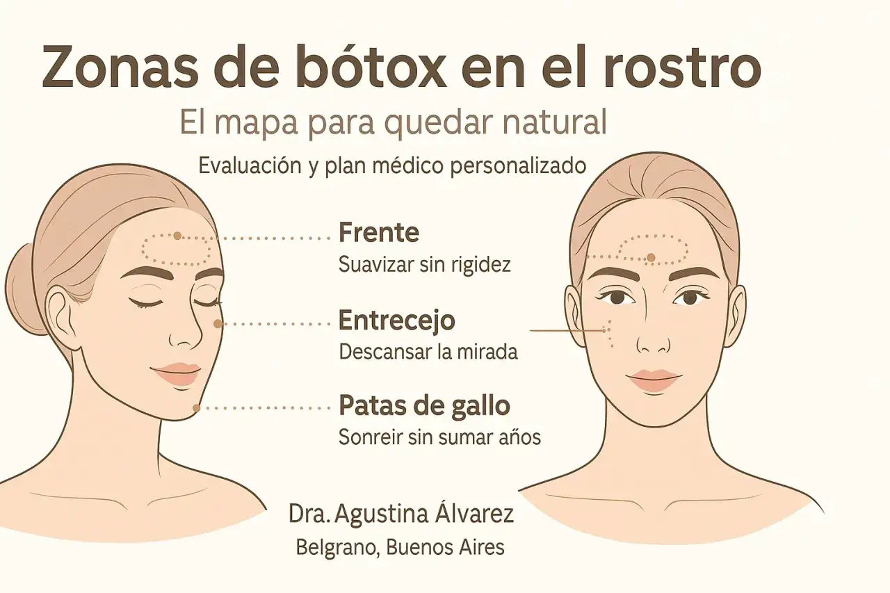 Mapa de zonas para el efecto botox en el rostro: frente, entrecejo y patas de gallo para un look natural.