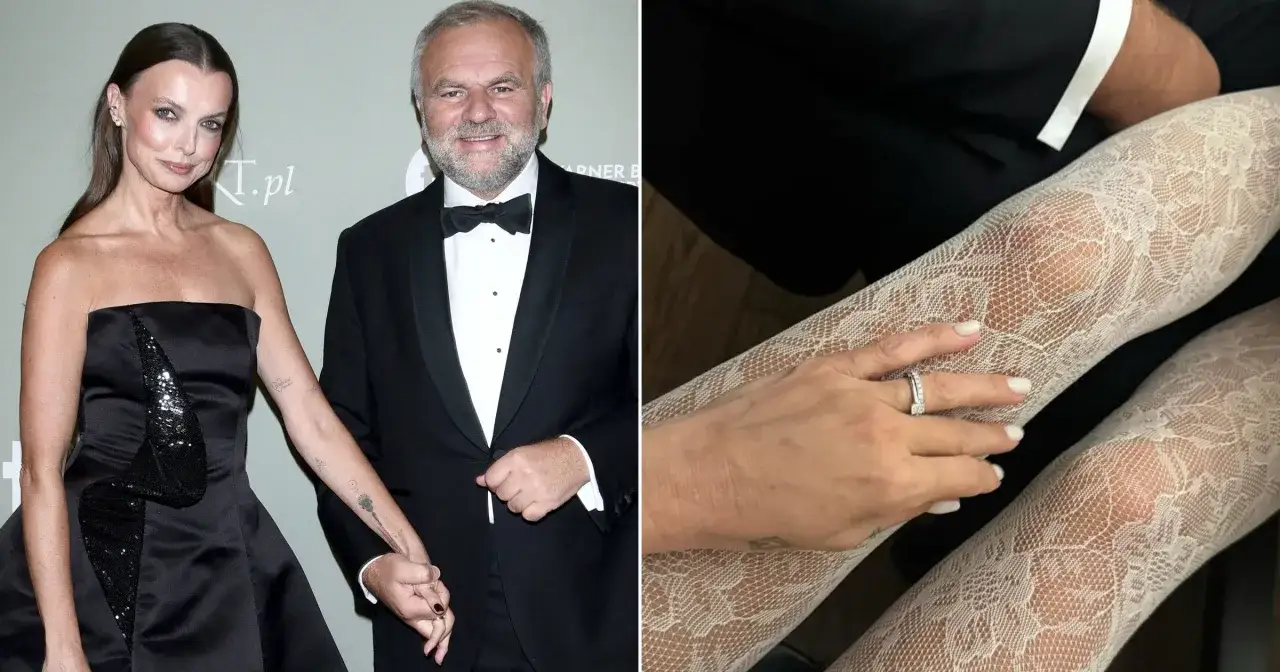 Katarzyna Sokołowska z mężem na gali. Ona w czarnej sukni, on w smokingu. Na drugim zdjęciu jej dłoń z obrączką na koronkowej pończosze.