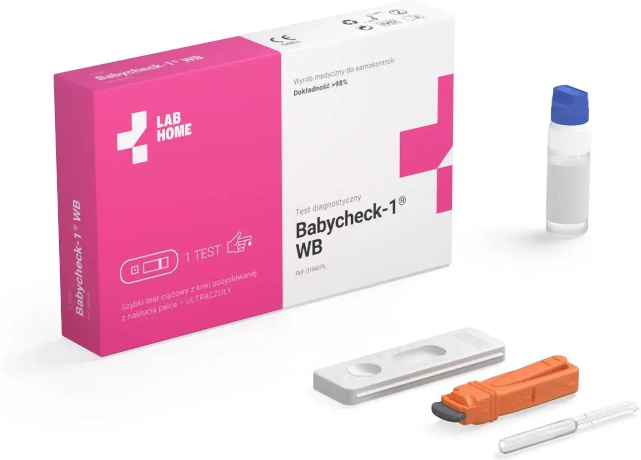 Zestaw Babycheck-1 WB do wykrywania gonadotropiny kosmówkowej z krwi z nakłucia palca. Szybki i ultraczuły test ciążowy.