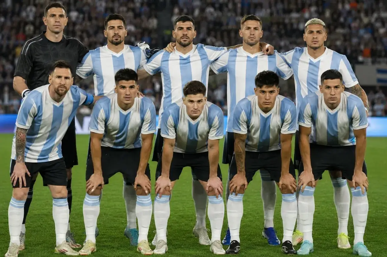 Argentyna piłkarze w biało-błękitnych strojach pozują do zdjęcia. W pierwszym rzędzie klęczą zawodnicy, w drugim stoją.