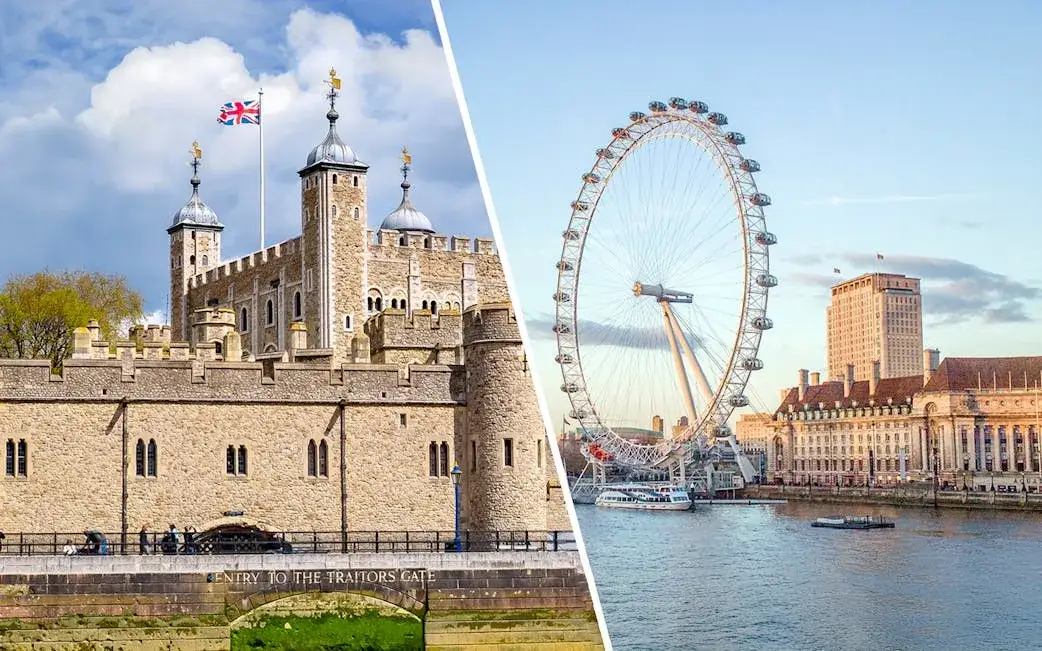 Skyline di Londra con London Eye e Tower Bridge