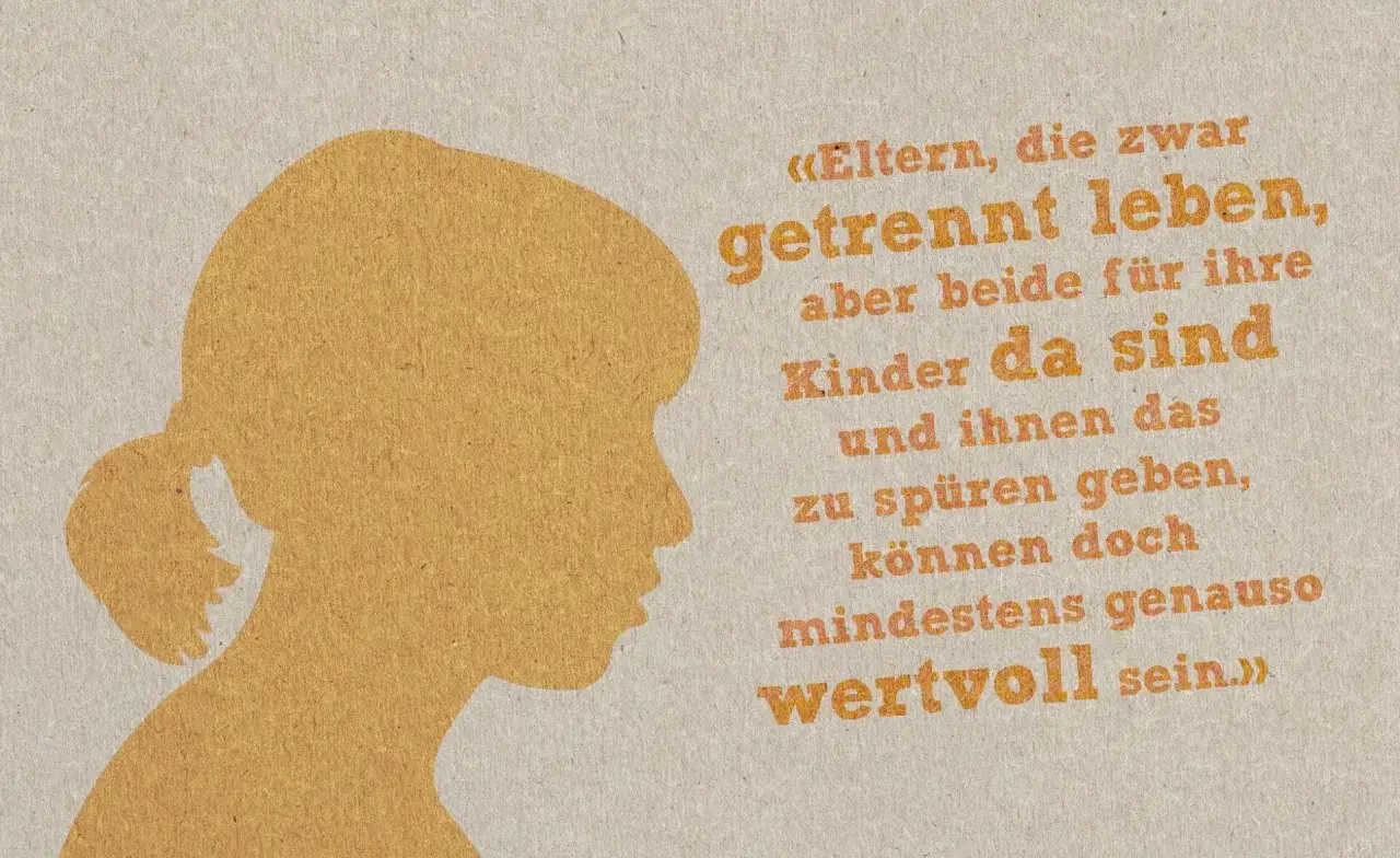 Silhouette eines Kindes neben Text &uuml;ber Eltern, die getrennt leben, aber f&uuml;r ihre Kinder da sind. Kein schlechtes Gewissen nach Trennung, wenn Liebe bleibt.